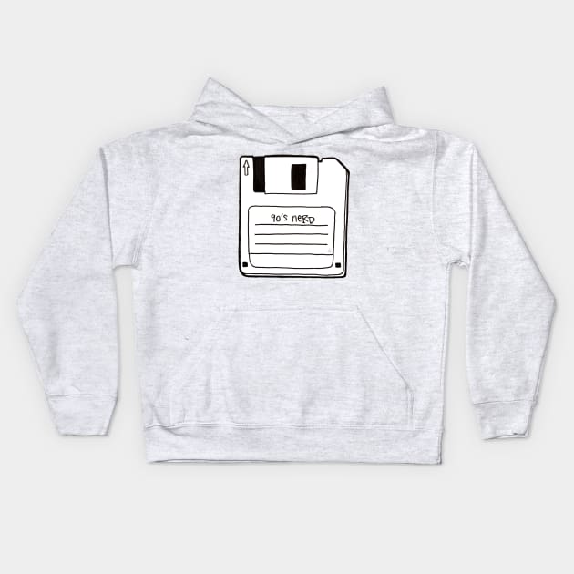 90's Nerd, Black and White - Retro Floppy Disc Outline Drawing Kids Hoodie by Elinaana